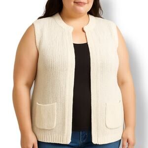 Vintage 80s Cream Loose Knit Sleeveless Open Front Vest Plus Size 18 Minimalist